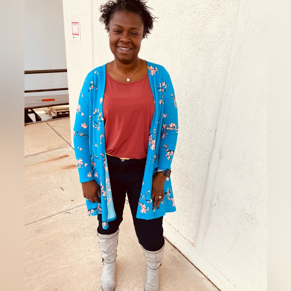 EUC Lularoe Caroline A-Line Blue Floral Cardigan